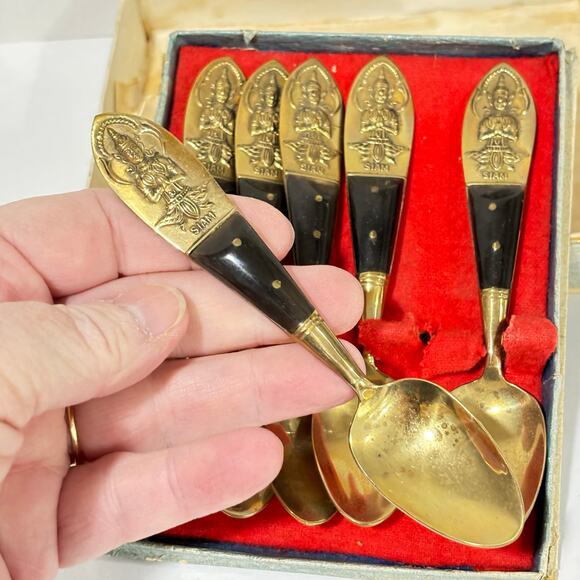 Thailand brass & teak spoons set cocktail espresso tea demitasse boxed set of 6 - Picture 4 of 9